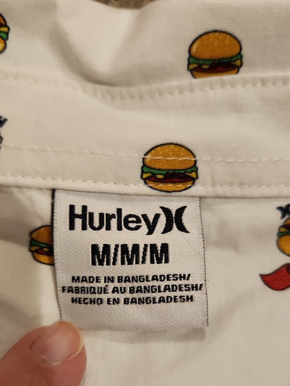 NEW / RARE Hurley White Short-Sleeve Button-Up with HAMBURGER Novelty Print M